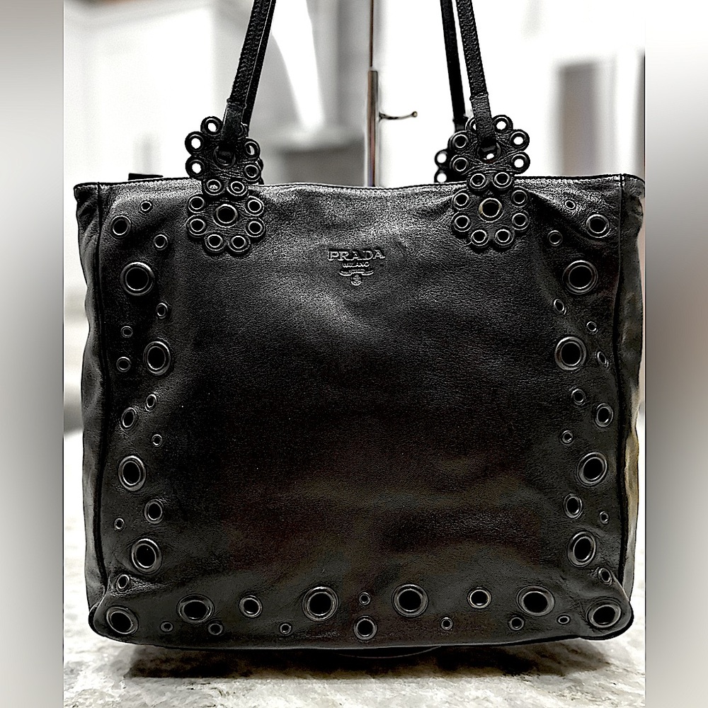 Prada Authentic Smooth Soft Leather Tote Bag with Grommets